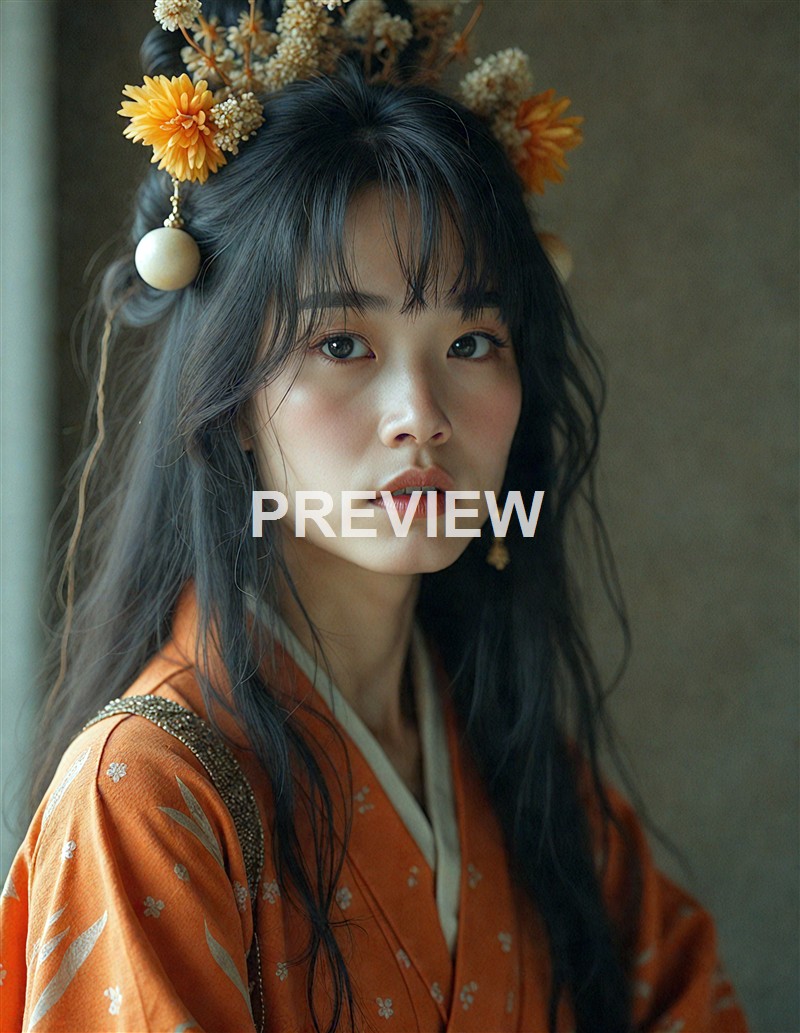 A young woman with long, wavy black hair wearing traditional orange clothing and a floral headpiece, looking into the camera with a neutral expression.